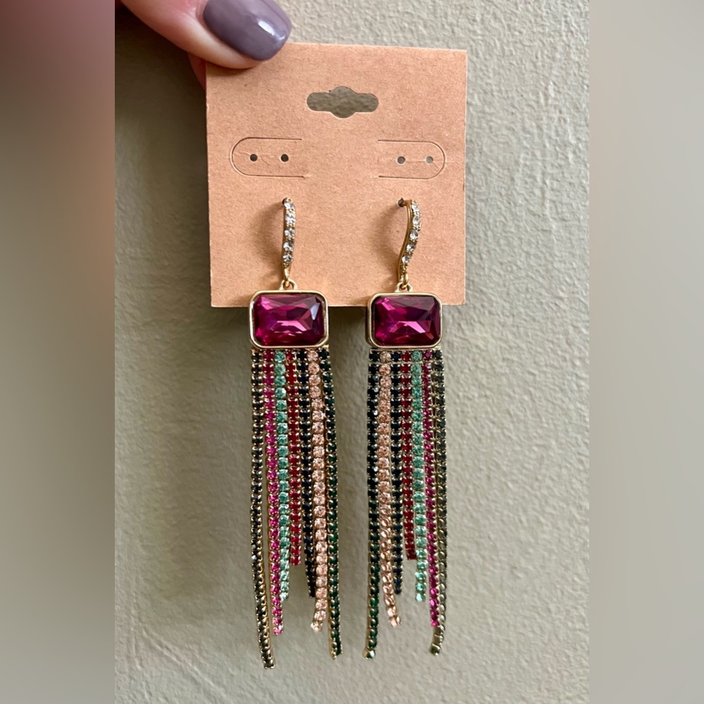 Multicolor Rhinestone Fringe Earrings